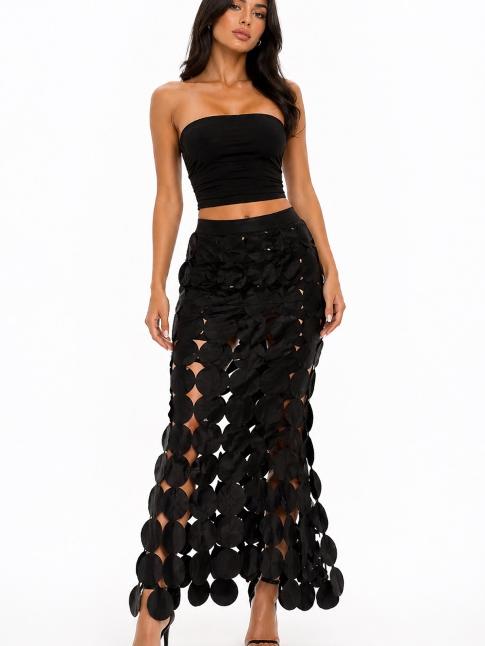 AKIRA Black Cutout Circle Midi Skirt – Sheer Statement Piece Size Small NWT
